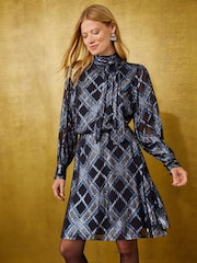Love & Roses Blue Check Metallic Tie Neck Mini Dress - Image 3 of 5