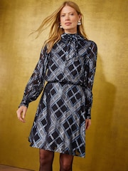 Love & Roses Blue Check Metallic Tie Neck Mini Dress - Image 5 of 5