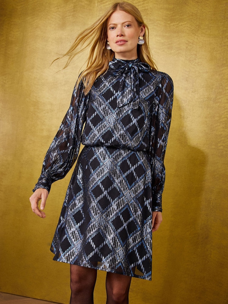 Love & Roses Blue Check Metallic Tie Neck Mini Dress - Image 5 of 5 Love & Roses Blue Check Metallic Tie Neck Mini Dress - Image 5 of 5