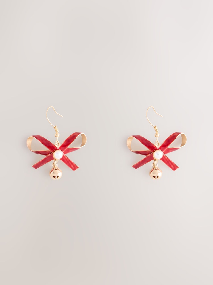 Red Christmas Bow Bell Stud Earrings - Image 1 of 3