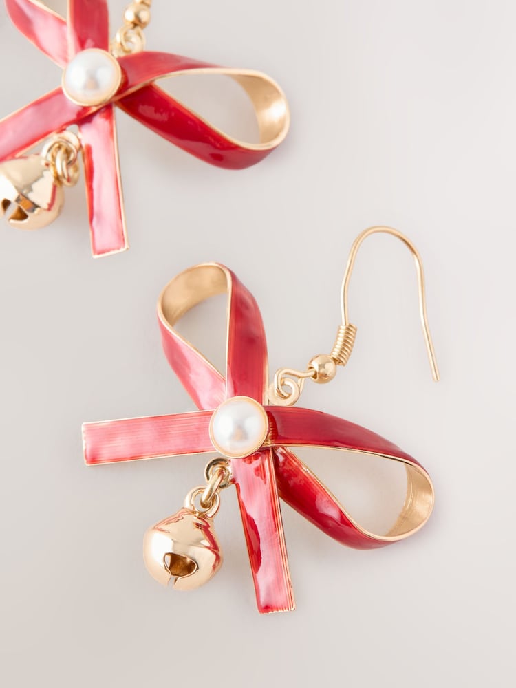 Red Christmas Bow Bell Stud Earrings - Image 2 of 3