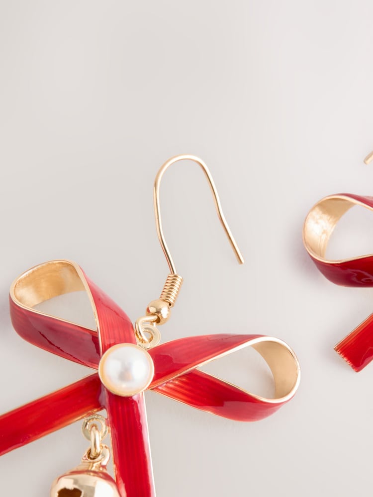Red Christmas Bow Bell Stud Earrings - Image 3 of 3