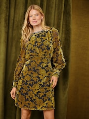 Love & Roses Ochre Yellow Devore Embellished Neck Mini Dress - Image 1 of 5