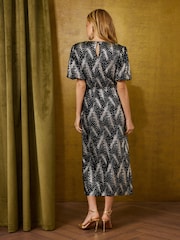 Love & Roses Black Golden Foil Velvet Ruched Front V-Neck Midi Dress - Image 4 of 5