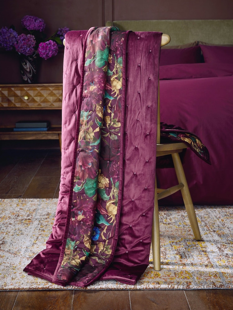 Purple Floral Reversible Velvet Bedspread - Image 2 of 10