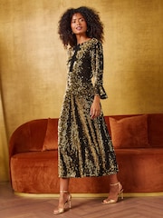 Love & Roses Gold Sequin Bow Front Midi Dress - Image 3 of 5