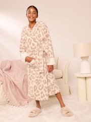 Lipsy Cream Leopard Soft Touch Hooded Longer Length Dressing Gown (5-16yrs) - Image 1 of 4