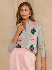 Love & Roses Collared Bow Detail Argyle Detail Knitted Cardigan - Bild 1 von 4