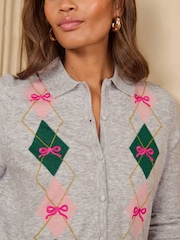 Love & Roses Collared Bow Detail Argyle Detail Knitted Cardigan - Bild 2 von 4