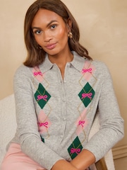 Love & Roses Collared Bow Detail Argyle Detail Knitted Cardigan - Bild 4 von 4