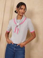 Love & Roses Grey Tie Neck Short Sleeve Knitted Top - Image 1 of 4