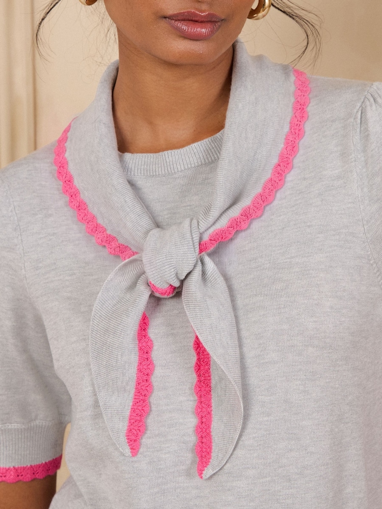 Love & Roses Grey Tie Neck Short Sleeve Knitted Top - Image 2 of 4 Love & Roses Grey Tie Neck Short Sleeve Knitted Top - Image 2 of 4