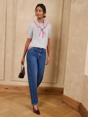 Love & Roses Grey Tie Neck Short Sleeve Knitted Top - Image 3 of 4