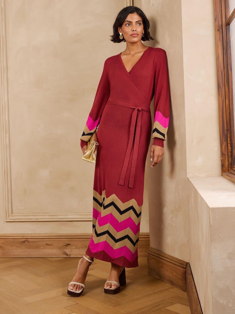 Love & Roses Rust Red Wrap Front Zig Zag Striped Knitted Midi Dress - Image 1 of 4 Love & Roses Rust Red Wrap Front Zig Zag Striped Knitted Midi Dress - Image 1 of 4