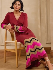 Love & Roses Rust Red Wrap Front Zig Zag Striped Knitted Midi Dress - Image 3 of 4