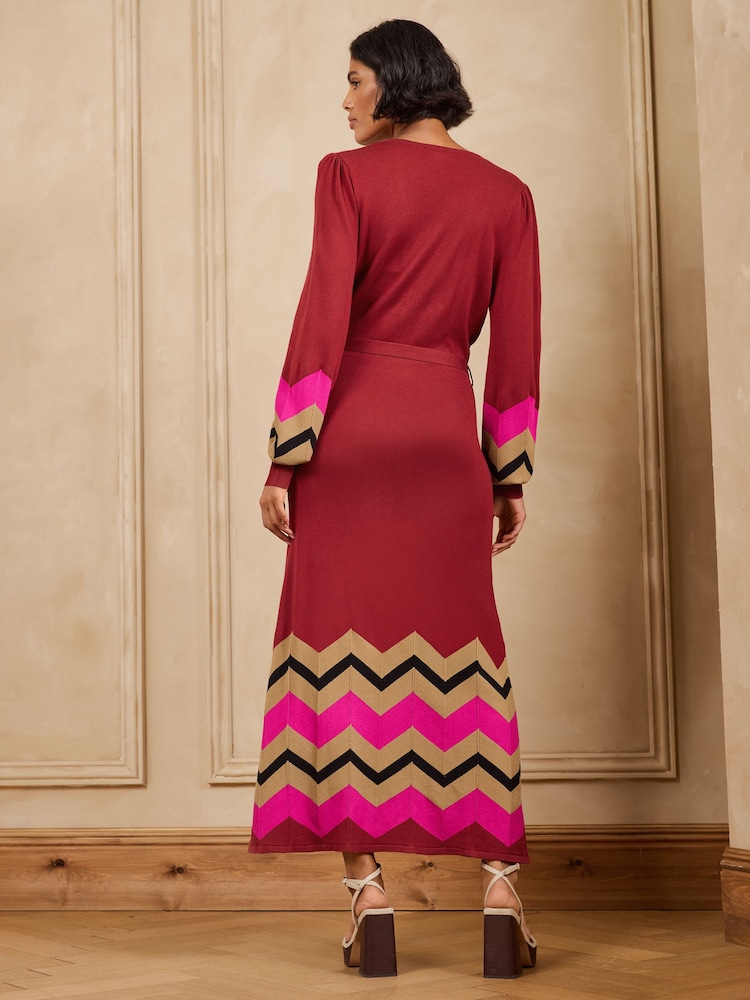 Love & Roses Rust Red Wrap Front Zig Zag Striped Knitted Midi Dress - Image 4 of 4 Love & Roses Rust Red Wrap Front Zig Zag Striped Knitted Midi Dress - Image 4 of 4