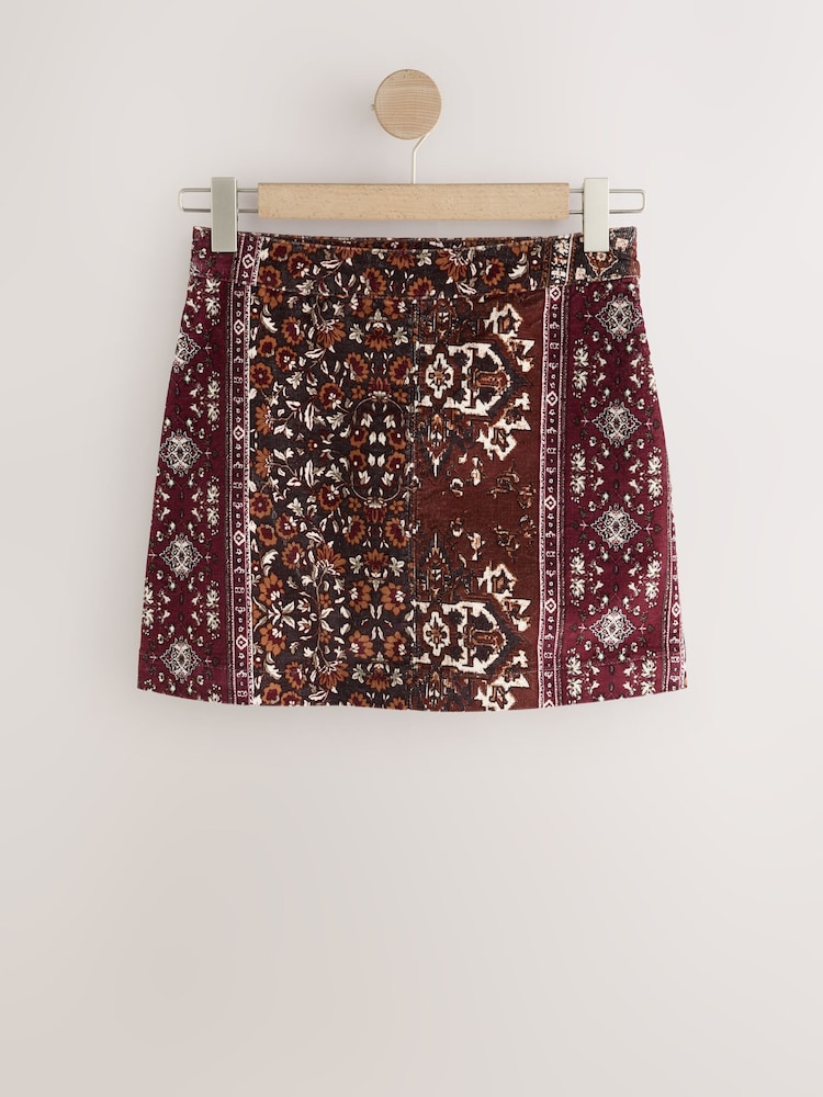 Red/Brown Tapestry Denim Mini Skirt - Image 1 of 3 Red/Brown Tapestry Denim Mini Skirt - Image 1 of 3
