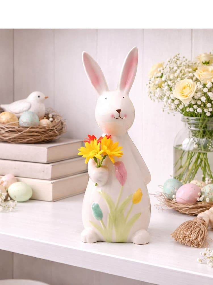 Widdop Cream Ceramic Bunny Holding Flowers 24cm - Image 1 of 6