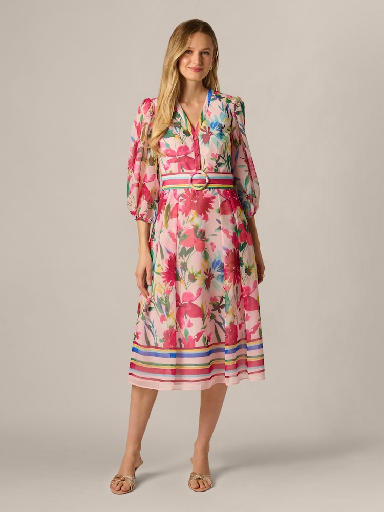 Adrianna Papell Pink Printed Stripe Dress - Image 1 of 6 Adrianna Papell Pink Printed Stripe Dress - Image 1 of 6