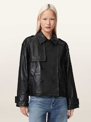 AllSaints Black Reya Cropped Leather Mac - Image 1 of 7