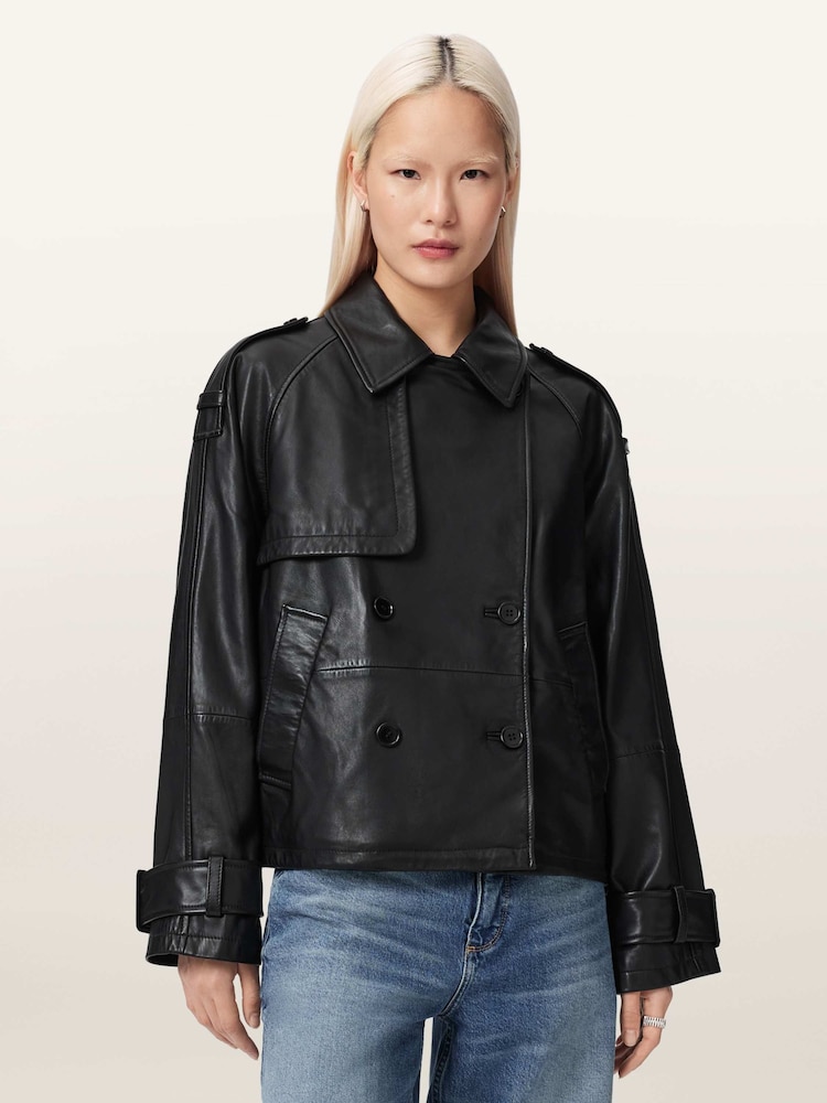 AllSaints Black Reya Cropped Leather Mac - Image 1 of 7