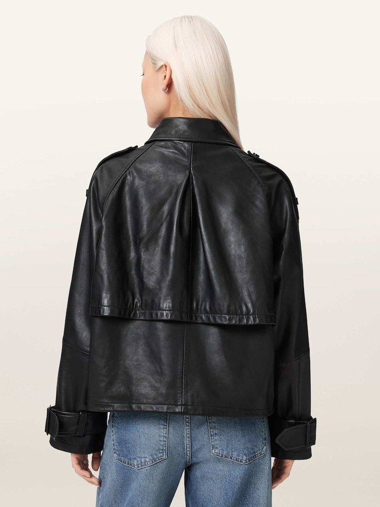 AllSaints Black Reya Cropped Leather Mac - Image 2 of 7