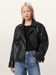 AllSaints Black Reya Cropped Leather Mac - Image 3 of 7