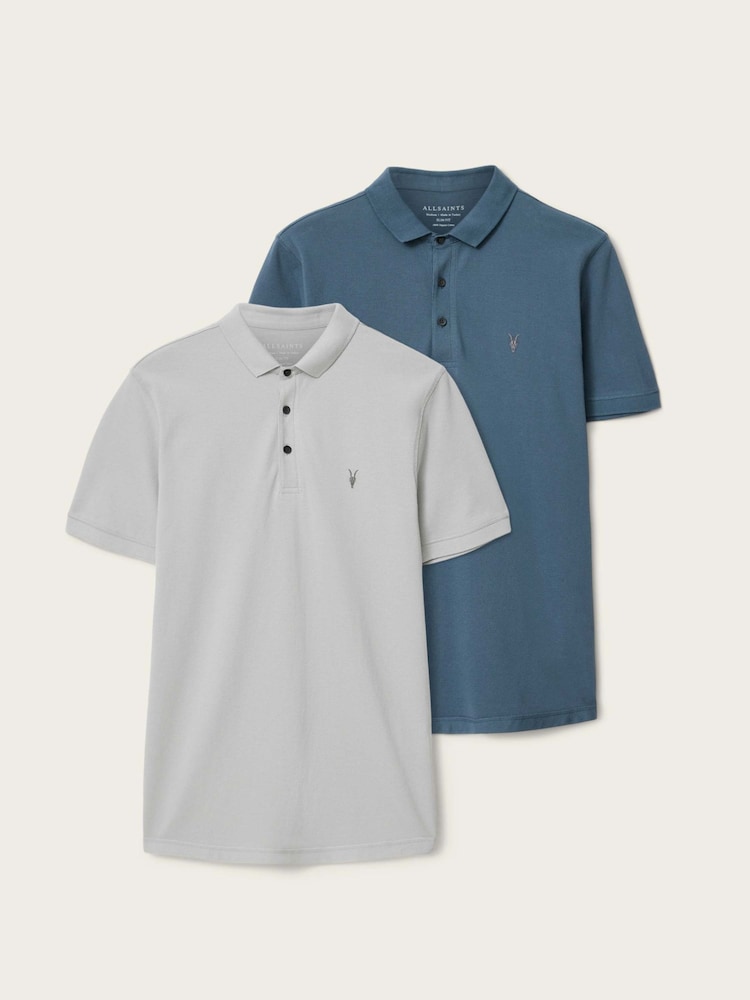 AllSaints Grey Reform Short Sleeve Polo Shirts 2 Pack - Image 1 of 5 AllSaints Grey Reform Short Sleeve Polo Shirts 2 Pack - Image 1 of 5