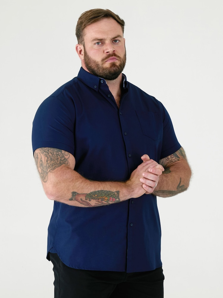 D555 Navy JAMES Classic Oxford Short Sleeve Button Down Shirt With Chest Pocket - Image 1 of 9