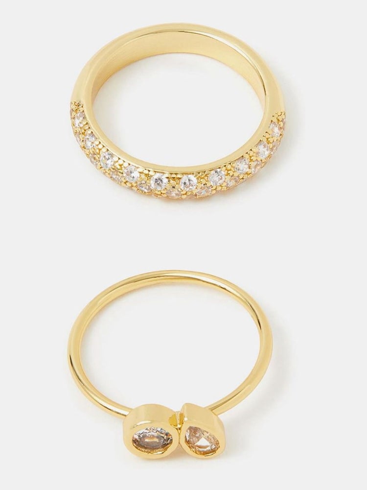 Accessorize Gold Tone 14ct Gold-Plated Mix Diamanté Rings 2-Pack - Image 1 of 2