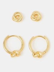 Accessorize Gold Tone 14ct Gold-Plated Knot Stud & Hoop Earrings 2-Pack - Image 1 of 2