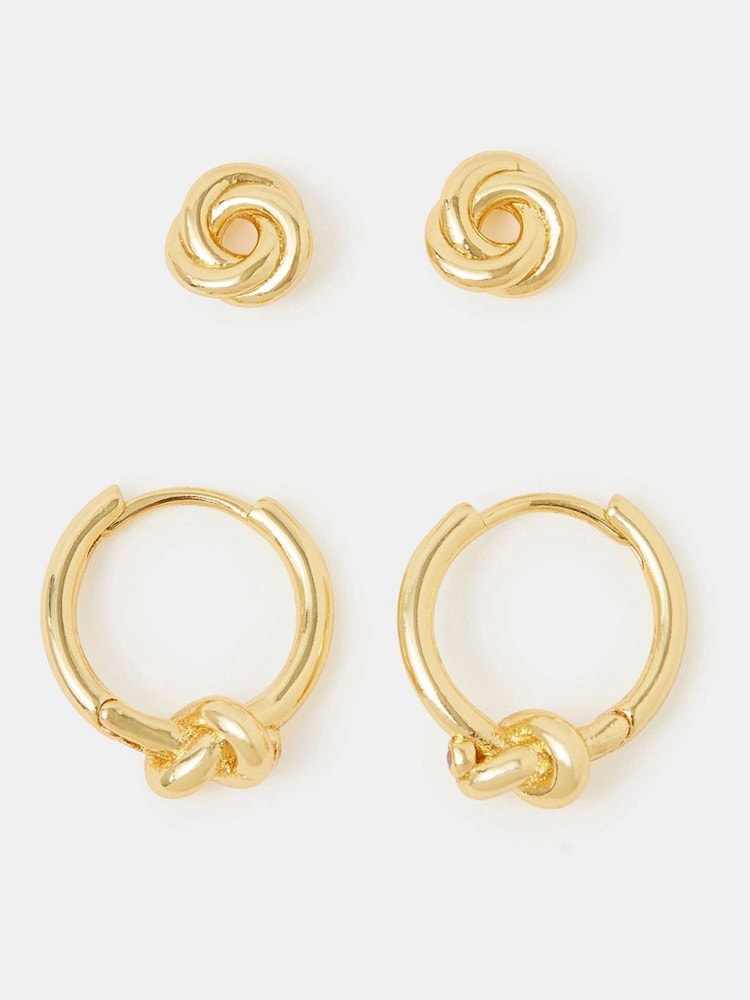 Accessorize Gold Tone 14ct Gold-Plated Knot Stud & Hoop Earrings 2-Pack - Image 1 of 2