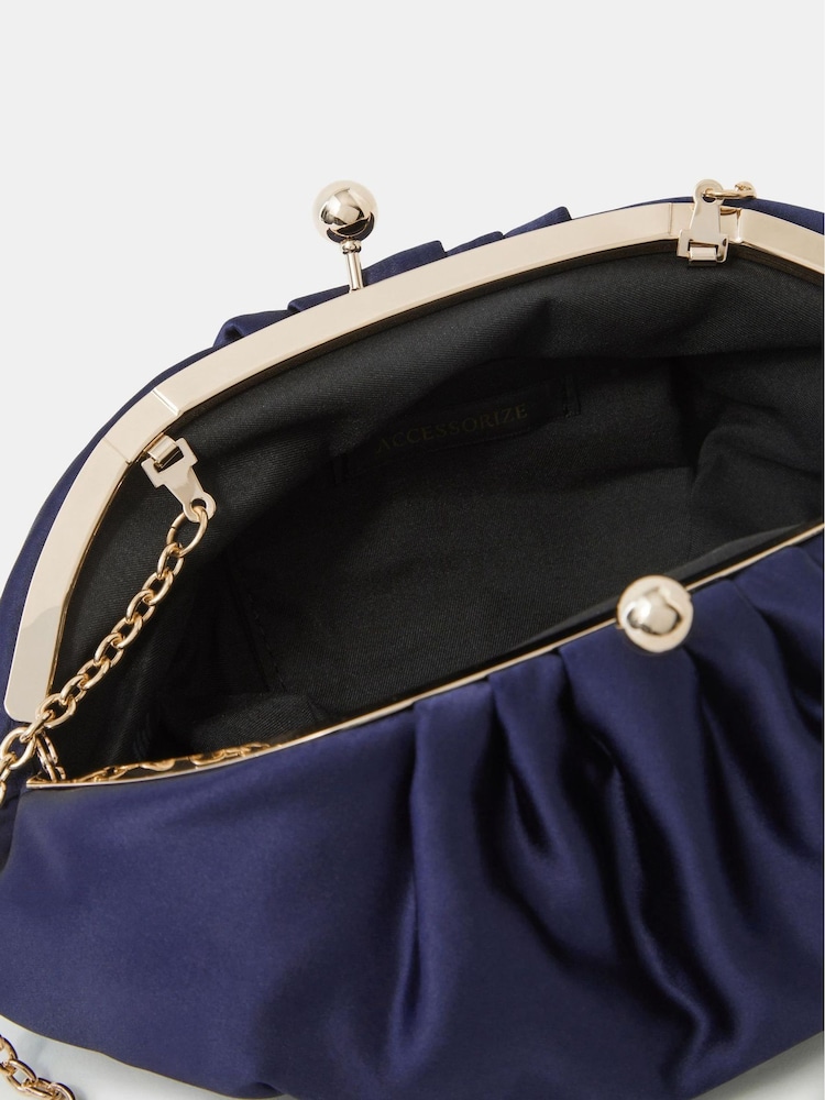 Accessorize Ruched Satin Clip Frame Clutch Bag - Image 2 of 3 Accessorize Ruched Satin Clip Frame Clutch Bag - Image 2 of 3