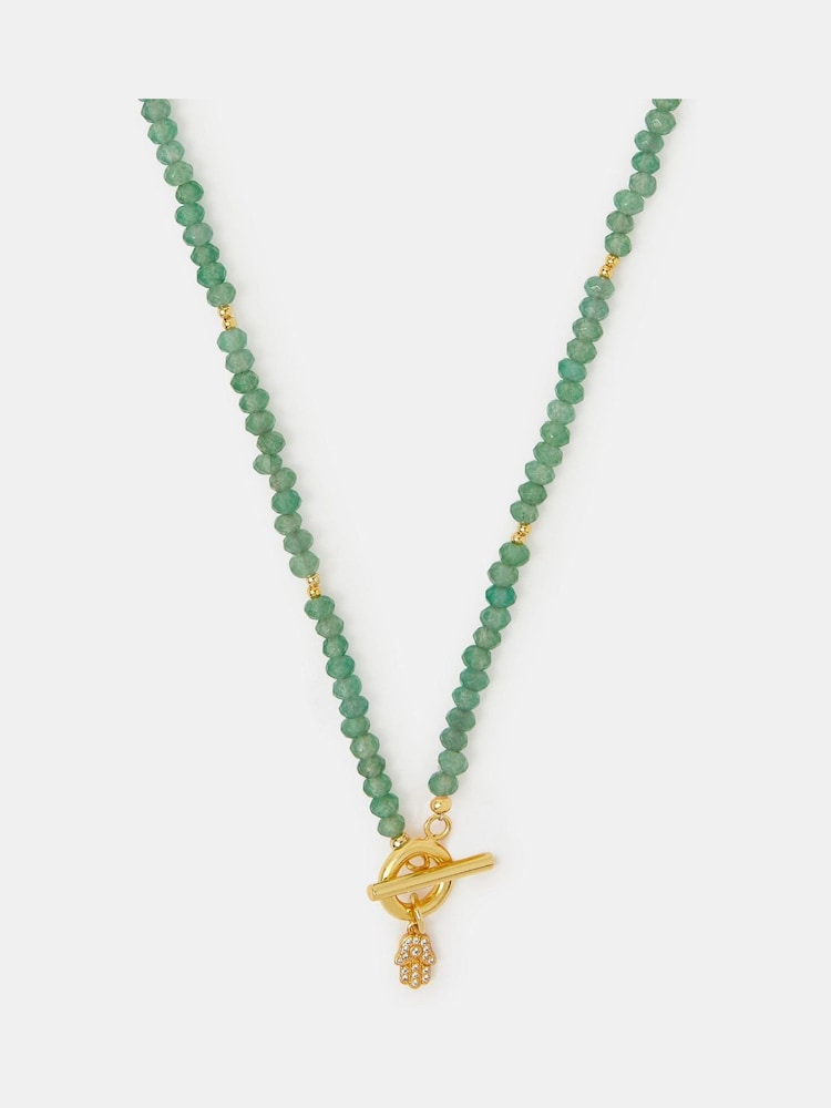 Accessorize Green 14ct Gold-Plated Healing Stone Bead T-Bar Necklace - Image 1 of 2