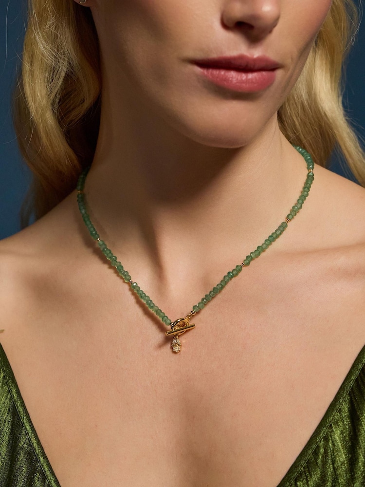 Accessorize Green 14ct Gold-Plated Healing Stone Bead T-Bar Necklace - Image 2 of 2