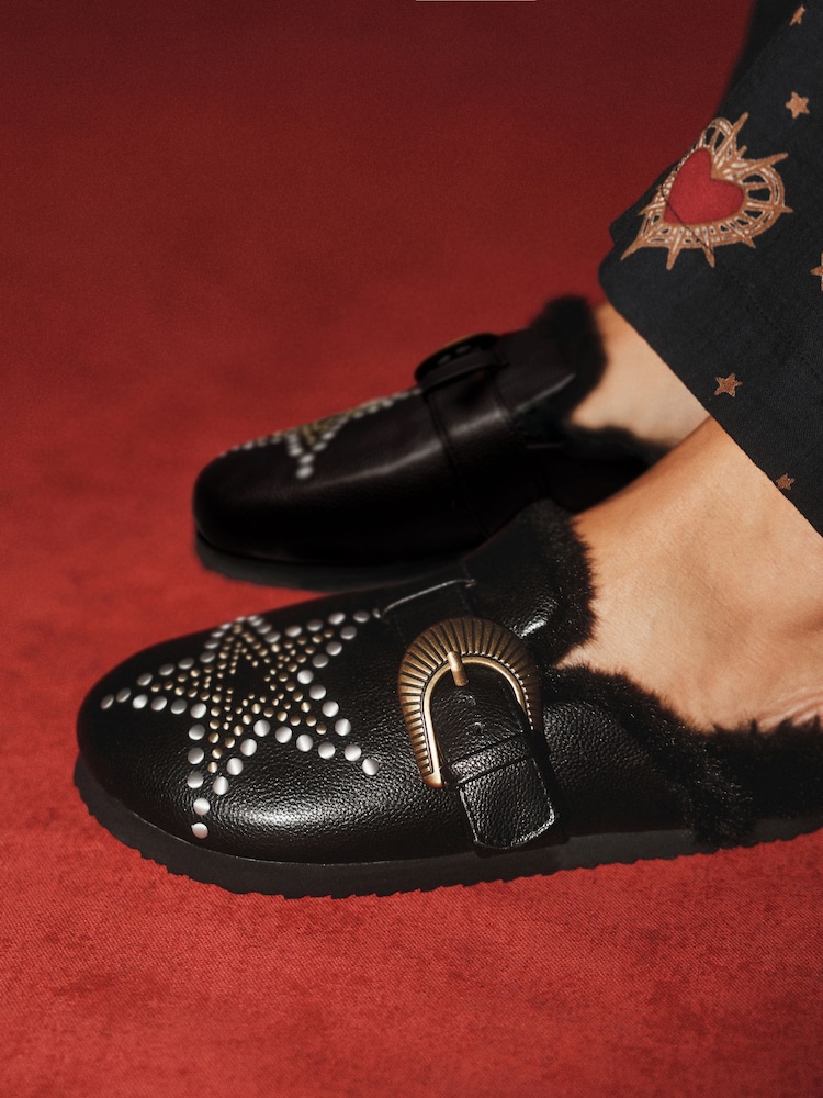 Rockett St George Black Studded Star Footbed Mule Slippers - Image 1 of 3