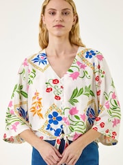 Roman White Floral Tie Front Blouse - Image 1 of 5