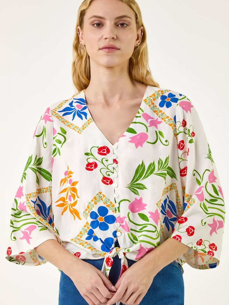 Roman White Floral Tie Front Blouse - Image 1 of 5