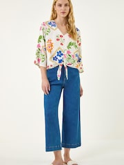 Roman White Floral Tie Front Blouse - Image 2 of 5
