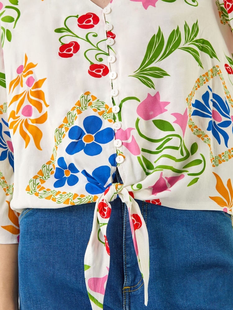 Roman White Floral Tie Front Blouse - Image 6 of 6 Roman White Floral Tie Front Blouse - Image 6 of 6