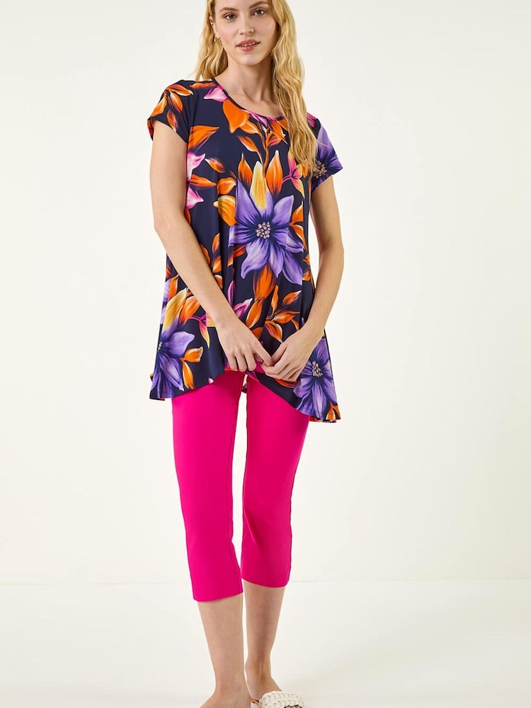 Roman Blue Floral Print Hanky Hem Tunic Top - Image 2 of 5 Roman Blue Floral Print Hanky Hem Tunic Top - Image 2 of 5