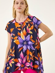 Roman Blue Floral Print Hanky Hem Tunic Top - Image 5 of 5