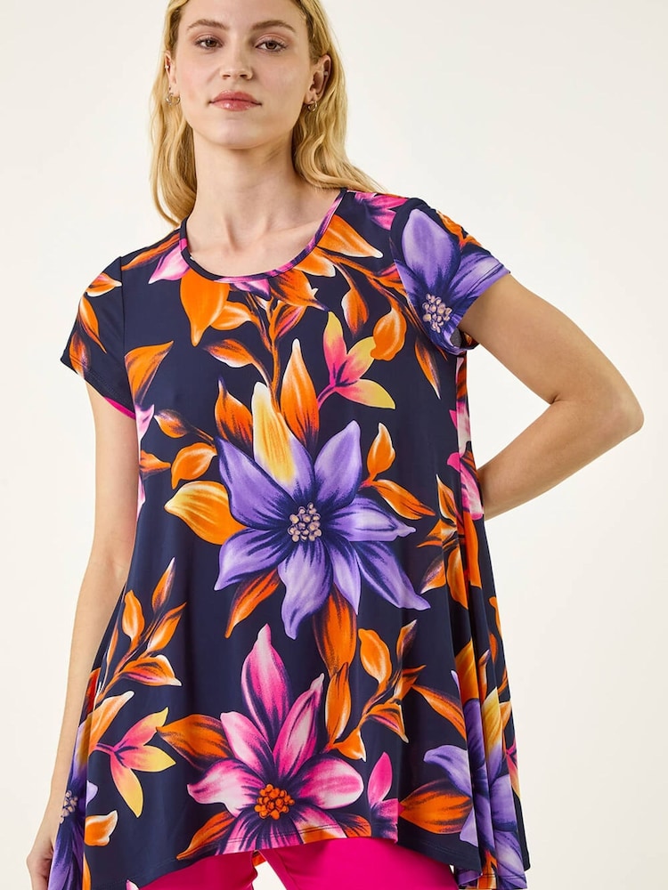 Roman Blue Floral Print Hanky Hem Tunic Top - Image 5 of 5 Roman Blue Floral Print Hanky Hem Tunic Top - Image 5 of 5