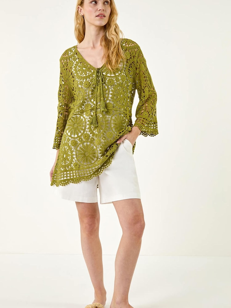 Roman Green Floral Crochet Tunic Top - Image 1 of 5 Roman Green Floral Crochet Tunic Top - Image 1 of 5