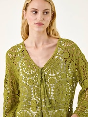 Roman Green Floral Crochet Tunic Top - Image 3 of 5