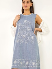 Roman Blue Embroidered Swing Mini Dress - Image 1 of 5
