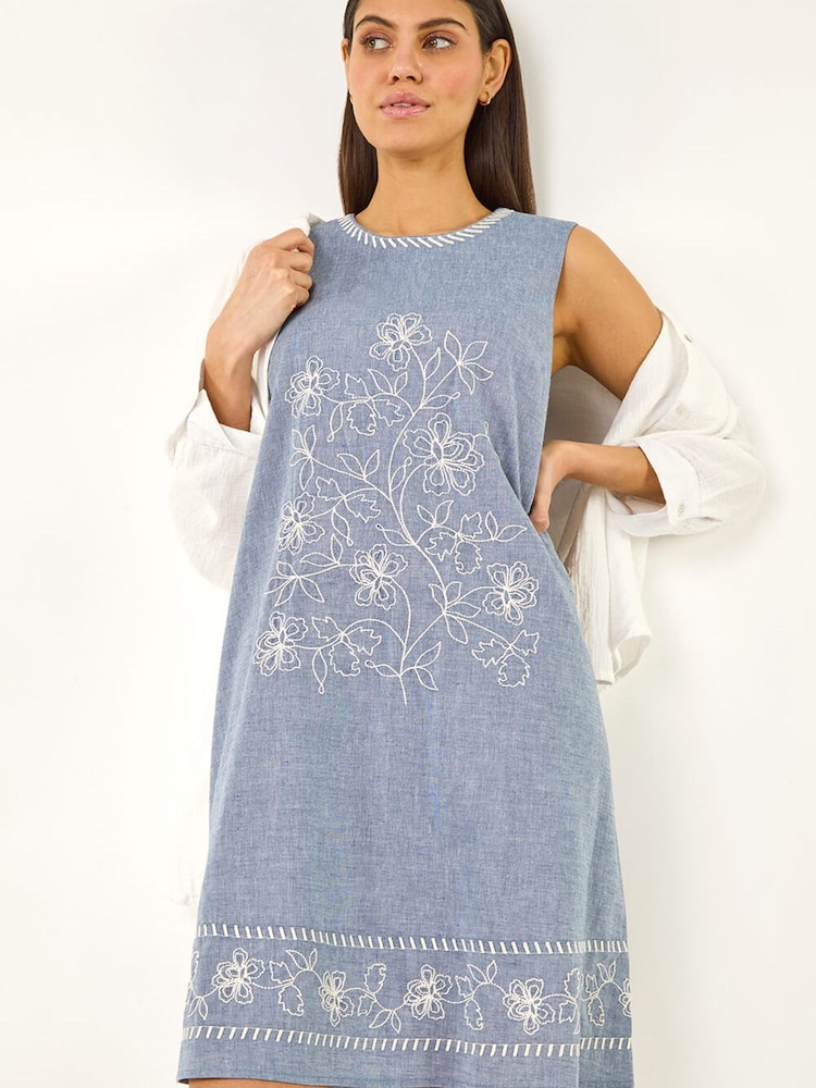 Roman Blue Embroidered Swing Mini Dress - Image 1 of 5 Roman Blue Embroidered Swing Mini Dress - Image 1 of 5