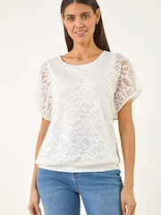 Roman White Lace Stretch Banded Hem Top - Image 1 of 5
