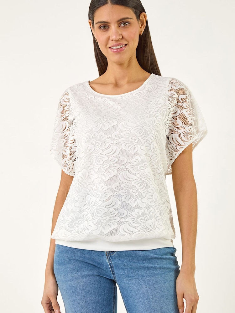 Roman White Lace Stretch Banded Hem Top - Image 1 of 5