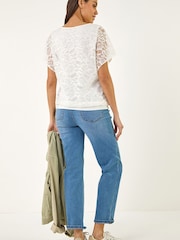 Roman White Lace Stretch Banded Hem Top - Image 2 of 5